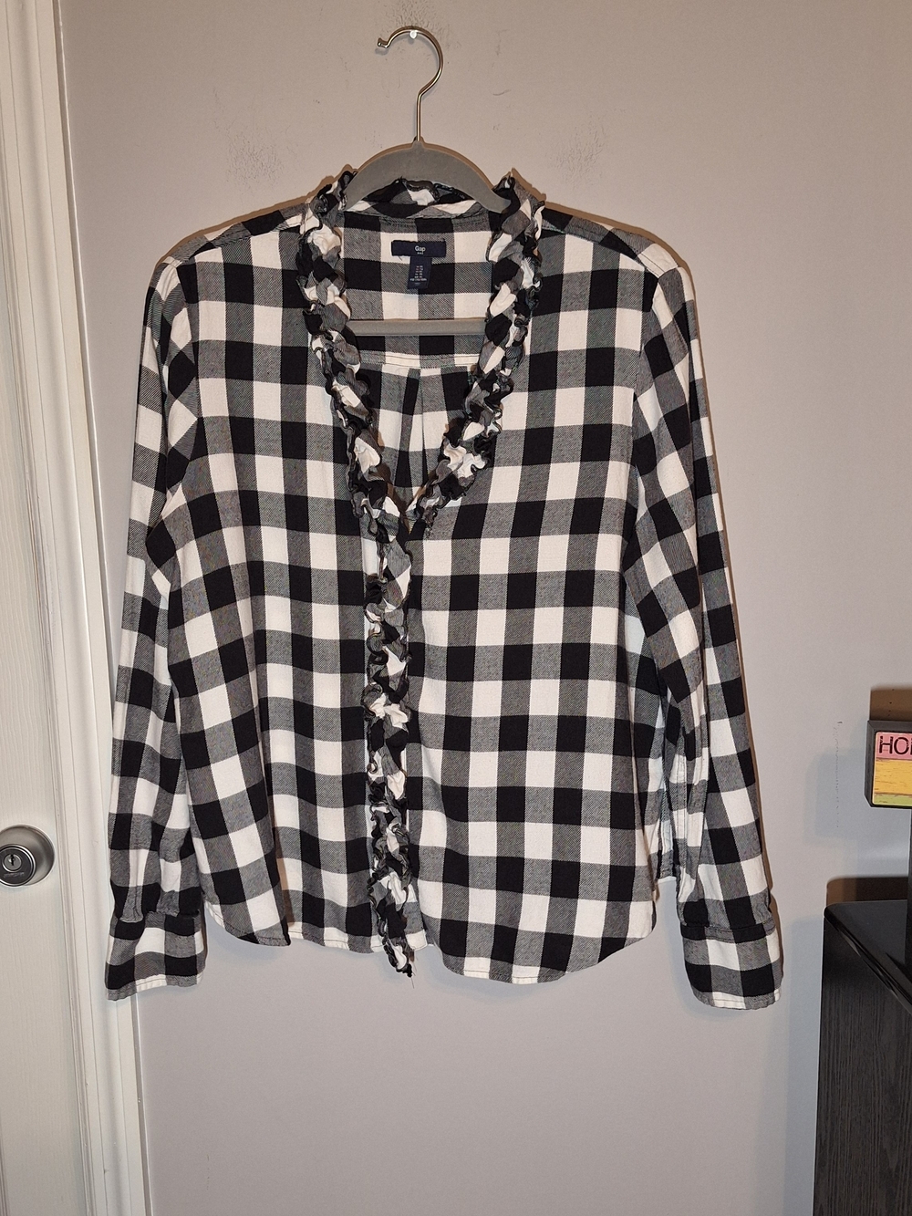 GAP Buffalo Plaid With Ruffle-Trim Long Sleeve Shirt